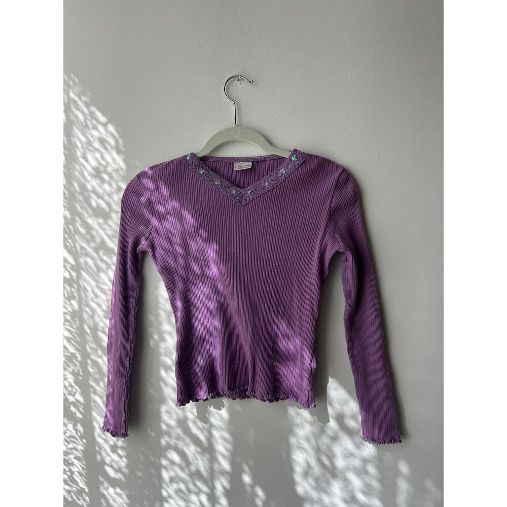 Vintage Y2K Arizona Jean Company Purple Lace Sparkly Accent Ribbed Baby Tee